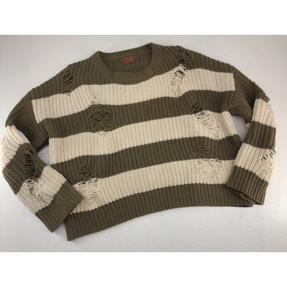 POL Sweaters - POL Olive Green Cream Striped Distressed Chunky Knit Sweater JST398 Womens Small